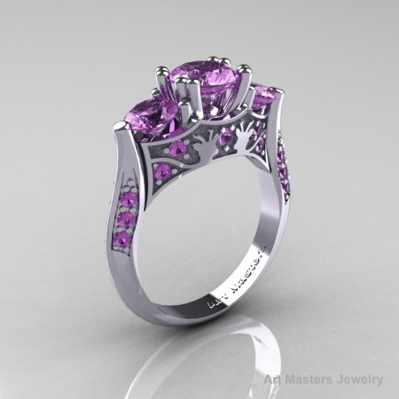 14K White Gold Three Stone Lilac Amethyst Solitaire Wedding Ring Y230-14KWGLAM-1