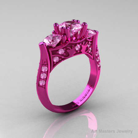 Nature Inspired 14K Pink Gold Three Stone Light Pink Sapphire Solitaire Wedding Ring Y230-14KPGLPS-1