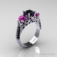 Classic 10K White Gold Three Stone Black Diamond Amethyst Solitaire Ring R200-10KWAMBD-1