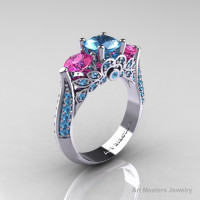 Classic 10K White Gold Three Stone Pink Sapphire Blue Topaz Solitaire Ring R200-10KWGPSBT-1