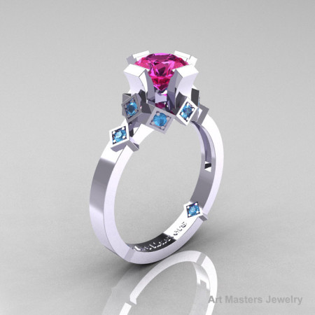 Modern Armenian Bridal 14K White Gold 1.0 Pink Sapphire Blue Topaz Solitaire Ring R240-14KWGBTPS-1