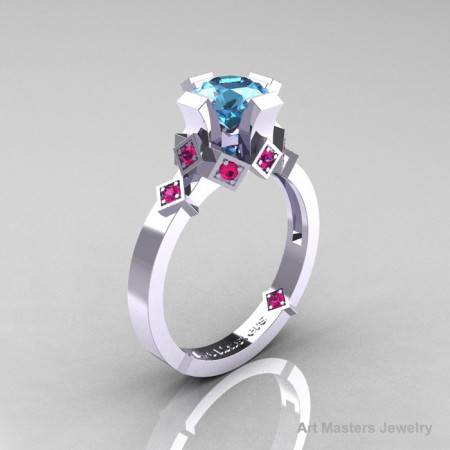 Modern Armenian Bridal 10K White Gold 1.0 Blue Topaz Pink Sapphire Solitaire Ring R240-10KWGPSBT-1