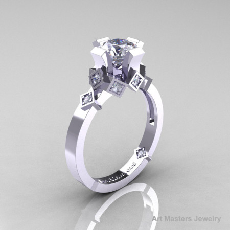 Modern Armenian Bridal 14K White Gold 1.0 Russian Cubic Zirconia Diamond Solitaire Ring R240-14KWGDCZ-1