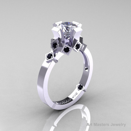 Modern Armenian Bridal 14K White Gold 1.0 Russian Cubic Zirconia Black Diamond Solitaire Ring R240-14KWGBDCZ-1