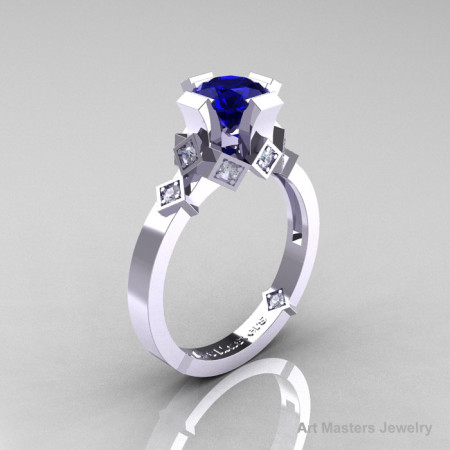 Modern Armenian Bridal 14K White Gold 1.0 Blue Sapphire Diamond Solitaire Ring R240-14KWGDBS-1
