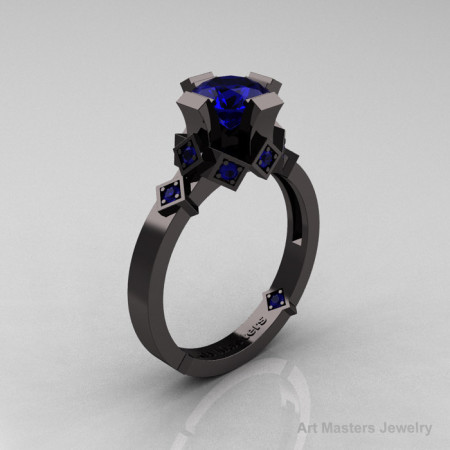 Modern Armenian Bridal 14K Black Gold 1.0 Blue Sapphire Solitaire Ring R240-14KBGBS-1