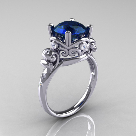 Modern Vintage 18K White Gold 2.5 Carat London Blue Sapphire Diamond Wedding Engagement Ring R167-18KWGDLBS-1