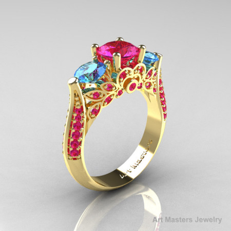 Classic 14K Yellow Gold Three Stone Blue Topaz Pink Sapphire Solitaire Ring R200-14KYGBTPS-1
