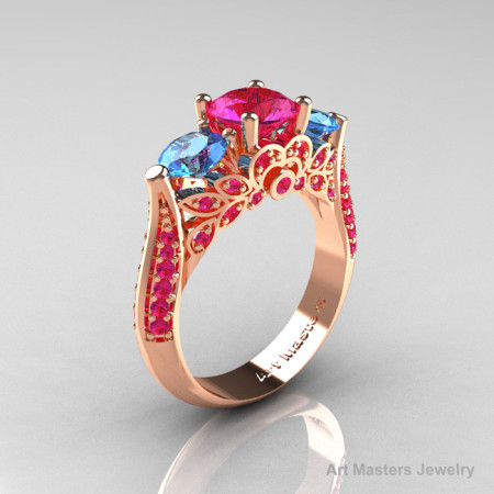 Classic 14K Rose Gold Three Stone Blue Topaz Pink Sapphire Solitaire Ring R200-14KRGBTPS-1