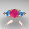 Classic 14K Rose Gold Three Stone Blue Topaz Pink Sapphire Solitaire Ring R200-14KRGBTPS-3