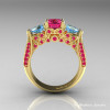 Classic 14K Yellow Gold Three Stone Blue Topaz Pink Sapphire Solitaire Ring R200-14KYGBTPS-2