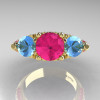 Classic 14K Yellow Gold Three Stone Blue Topaz Pink Sapphire Solitaire Ring R200-14KYGBTPS-3