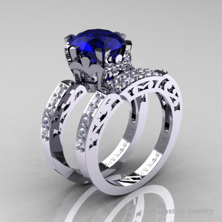 Modern Renaissance 14K White Gold 3.0 Carat Blue Sapphire Diamond Solitaire Ring Wedding Band Set R402S-14KWGDBS-1