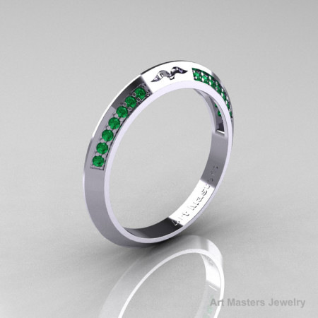 Modern French 14K White Gold Emerald Matching Wedding Band R176B-14KWGEM-1