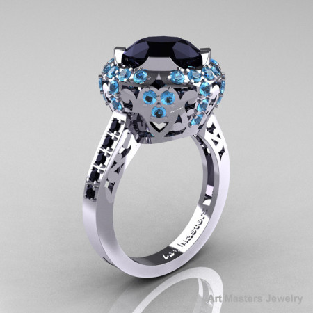 Modern Edwardian 14K White Gold Black Diamond Blue Topaz Engagement Ring Wedding Ring Y404-14KWGBTBD-1