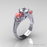 Classic 14K White Gold Three Stone White and Peach Imperial Topaz Diamond Solitaire Ring R200-14KWGDPIWT-1