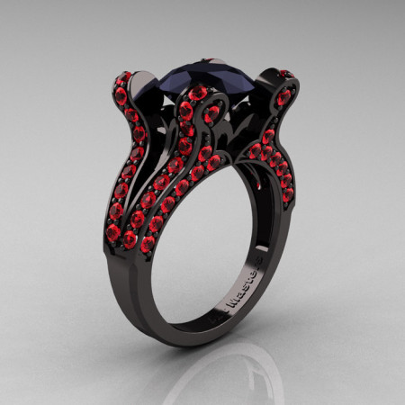 Athena – French Vintage 14K Black Gold 3.0 CT Black Diamond Rubies Pisces Wedding Ring Engagement Ring Y228-14KBGRBD-1