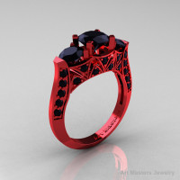 Modern 14K Red Gold Three Stone Black Diamond Solitaire Engagement Ring Wedding Ring R250-14KRGBD-1