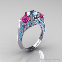 Modern 10K White Gold Three Stone Blue Topaz Pink Sapphire Solitaire Engagement Ring Wedding Ring R250-10KWGPSBT-1