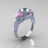 Modern 10K White Gold Three Stone Aquamarine Light Pink Sapphire Solitaire Engagement Ring Wedding Ring R250-10KWGLPSAQ-1