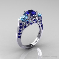 Modern 10K White Gold Three Stone Blue Sapphire Blue Topaz Solitaire Engagement Ring Wedding Ring R250-10KWGBTBS-1