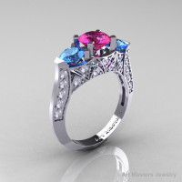 Modern 14K White Gold Three Stone Pink Sapphire Blue Topaz Diamond Solitaire Engagement Ring Wedding Ring R250-14KWGDBTPS-1
