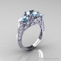 Modern 14K White Gold Three Stone Aquamarine Diamond Solitaire Engagement Ring Wedding Ring R250-14KWGDAQ-1