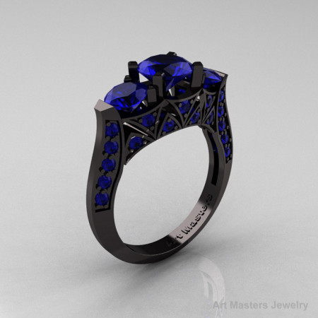 Modern 14K Black Gold Three Stone Blue Sapphire Solitaire Engagement Ring Wedding Ring R250-14KBGBS-1
