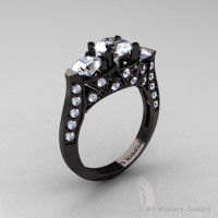 Exquisite Modern 14K Black Gold Three Stone White Sapphire Diamond Solitaire Ring R250-14KBGDWS-1
