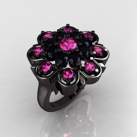 Modern Edwardian 14K Black Gold Pink Sapphire Black Diamond Cocktail Flower Ring R101-14KBGBDPS-1