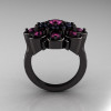 Modern Edwardian 14K Black Gold Pink Sapphire Black Diamond Cocktail Flower Ring R101-14KBGBDPS-3