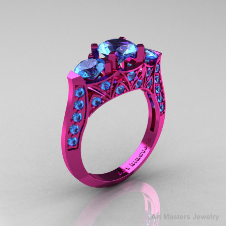 Modern 14K Pink Gold Three Stone Blue Topaz Solitaire Engagement Ring Wedding Ring R250-14KPGBT-1