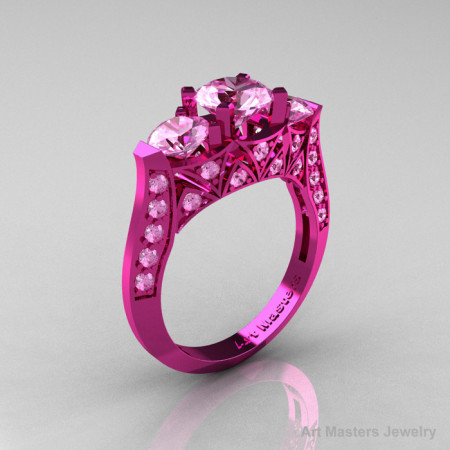 Modern 14K Pink Gold Three Stone Light Pink Sapphire Solitaire Engagement Ring Wedding Ring R250-14KPGLPS-1