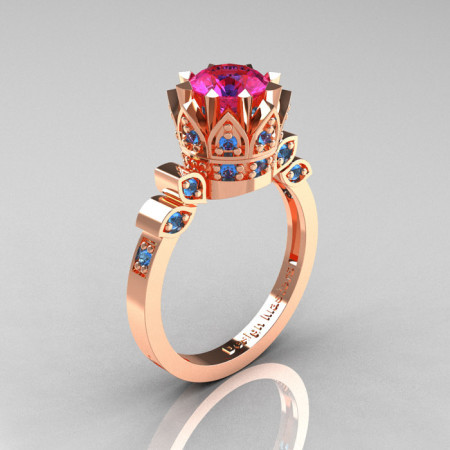 Classic Armenian 14K Rose Gold 1.0 Pink Sapphire Blue Topaz Bridal Solitaire Ring R405-14KRGBTPS-1