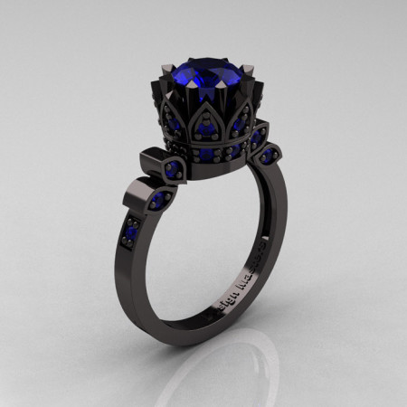 Exclusive Classic Armenian 14K Black Gold 1.0 Blue Sapphire Bridal Solitaire Ring R405-14KBGBS-1