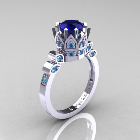 Classic Armenian 14K White Gold 1.0 Blue Sapphire Blue Topaz Bridal Solitaire Ring R405-14KWGBTBS-1