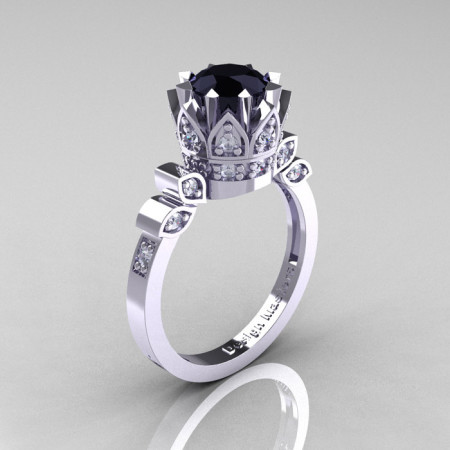 Classic Armenian 14K White Gold 1.0 Black and White Diamond Bridal Solitaire Ring R405-14KWGDBD-1