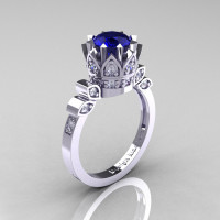 Classic Armenian 14K White Gold 1.0 Blue Sapphire Diamond Bridal Solitaire Ring R405-14KWGDBS-1