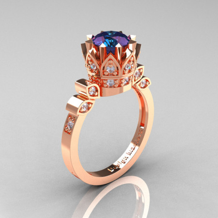 Classic Armenian 14K Rose Gold 1.0 Alexandrite Diamond Bridal Solitaire Ring R405-14KRGDAL-1