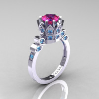 Classic Armenian 14K White Gold 1.0 Pink Sapphire Blue Topaz Bridal Solitaire Ring R405-14KWGBTPS-1
