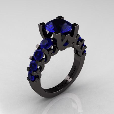 Modern Vintage 14K Black Gold 3.0 Carat Blue Sapphire Designer Wedding Ring R142-14KBGBS-1