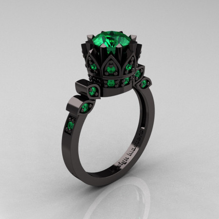 Exclusive Classic Armenian 14K Black Gold 1.0 Emerald Bridal Solitaire Ring R405-14KBGEM-1