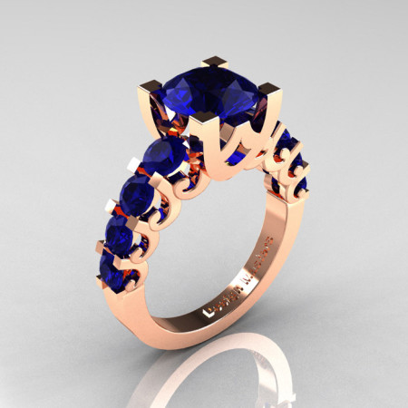 Modern Vintage 14K Rose Gold 3.0 Carat Blue Sapphire Designer Wedding Ring R142-14KRGBS-1