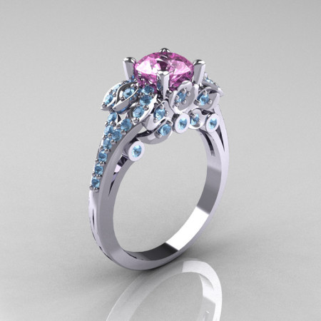 Classic 14K White Gold 1.0 CT Light Pink Sapphire Aquamarine Blazer Wedding Ring R203-14KWGAQLPS-1