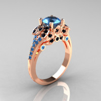Classic 14K Rose Gold 1.0 CT Blue Topaz Black Diamond Blazer Wedding Ring R203-14KRGBDBT-1