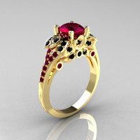 Classic 14K Yellow Gold 1.0 CT Red Garnet Black Diamond Blazer Wedding Ring R203-14KYGBDRG-1