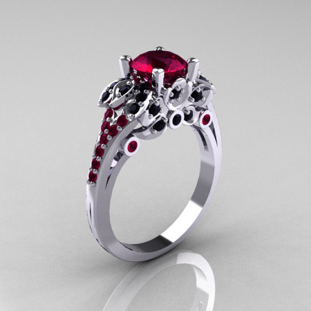 Classic 14K White Gold 1.0 CT Red Garnet Black Diamond Blazer Wedding Ring R203-14KWGBDRG-1