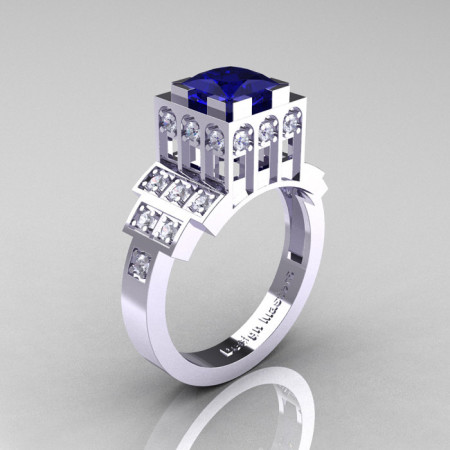 Modern Industrial 14K White Gold 1.23 CT Princess Blue Sapphire Diamond Bridal Ring R316-14KWGDBS-1
