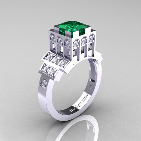 Modern Industrial 14K White Gold 1.23 CT Princess Emerald Diamond Bridal Ring R316-14KWGDEM-1