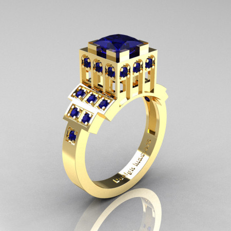 Modern Industrial 14K Yellow Gold 1.23 CT Princess Blue Sapphire Bridal Ring R316-14KYGBS-1